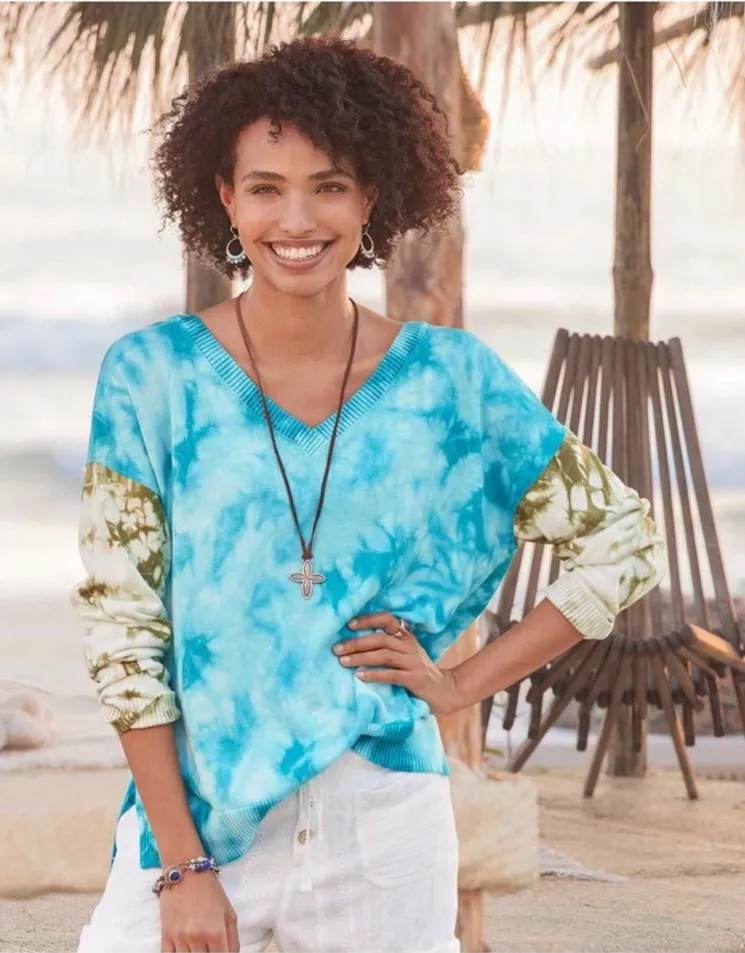 Sundance Summer Skies Long Sleeve Knit V-Neck Tie Dye Sweater Blue Green XL - Image 1