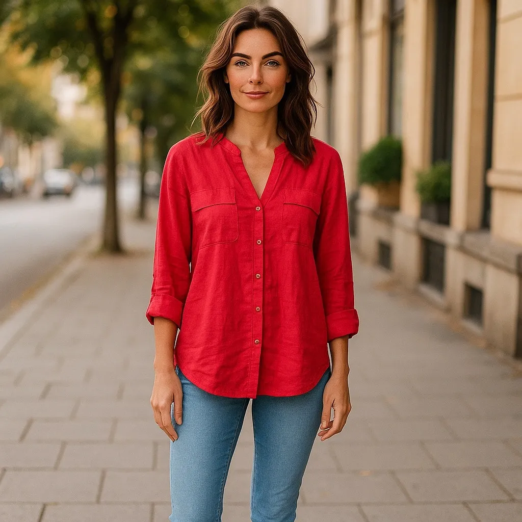 Calvin Klein Womens Blouse Sz 2X Coral Linen Roll Tab Cuff Sleeves Knit Sides‎ - Image 3