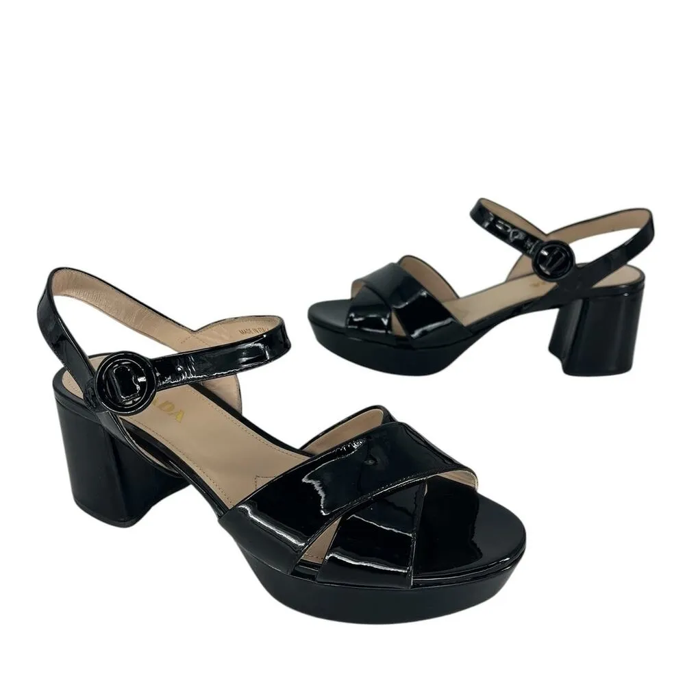 Prada Patent Leather Block Heel Platform Sandals Black - Image 3