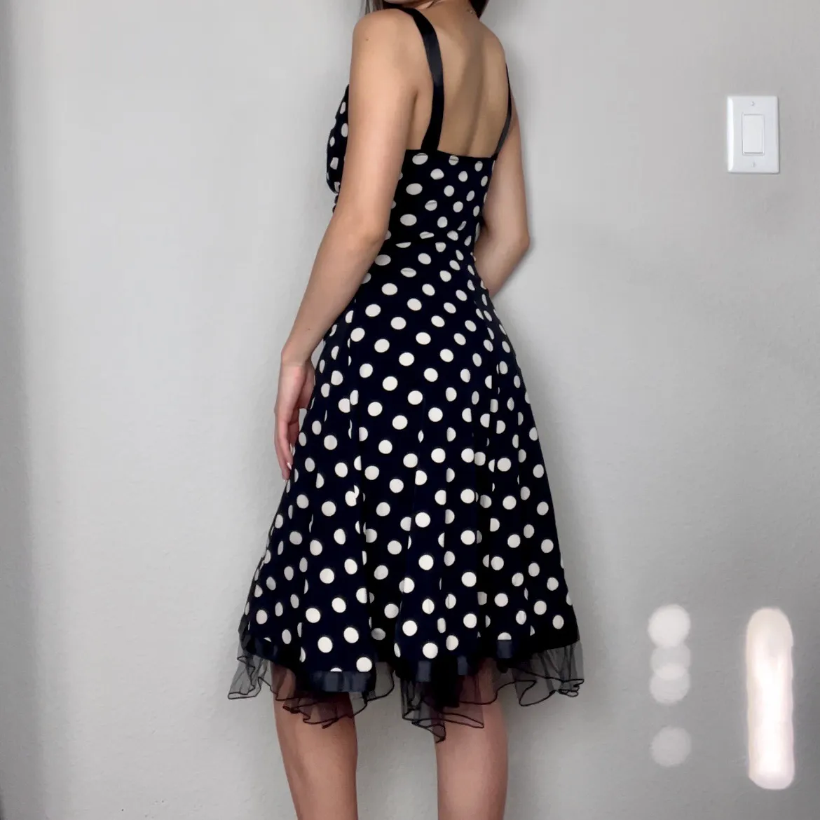 Vintage Black & Beige Polka-Dot Empire-Waist Tulle Ruffle-Detail Knee-Length Dress - Image 4