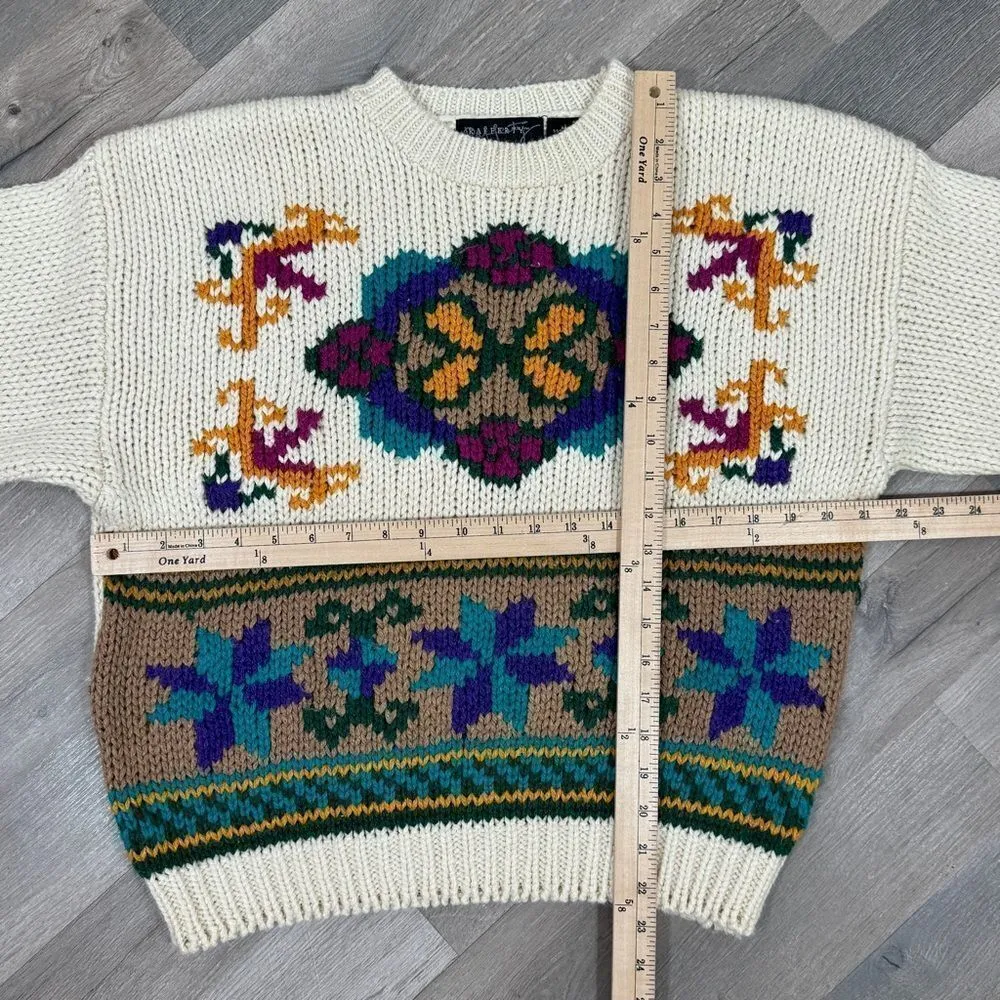 Vintage Rafferty 80s 90s‎ Floral Chunky Knit Sweater Ivory Large Crewneck Tan - Image 10