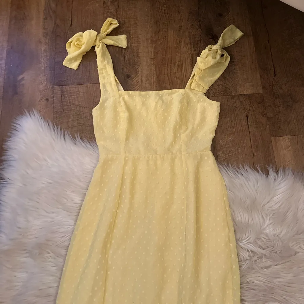 LULU’S Bimini Light Yellow Swiss Dot Tie-Strap Midi Dress - Image 6