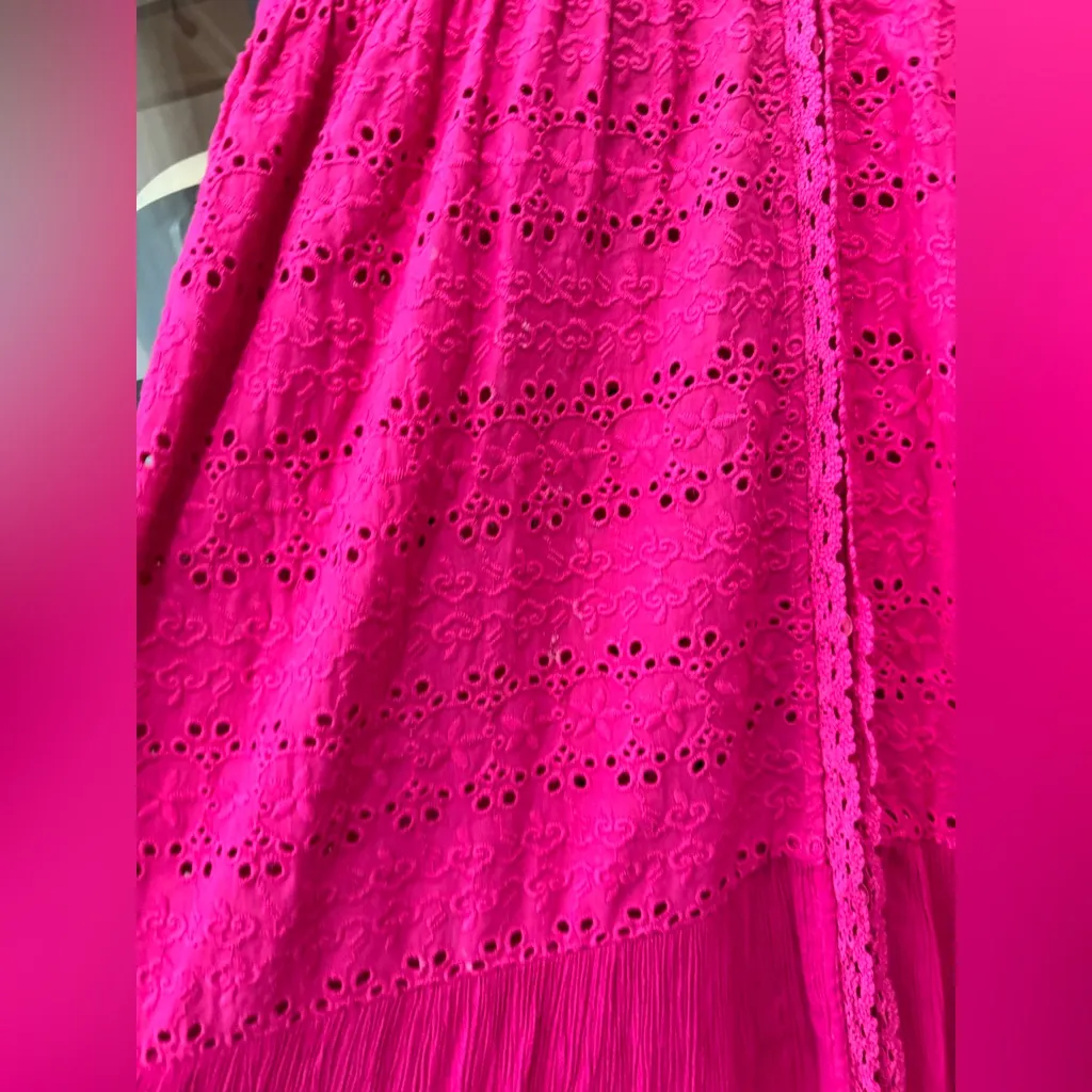 Playa Lucila eyelet maxi dress tiered embroidered gauze button down tiered hot Pink Size M - Image 10