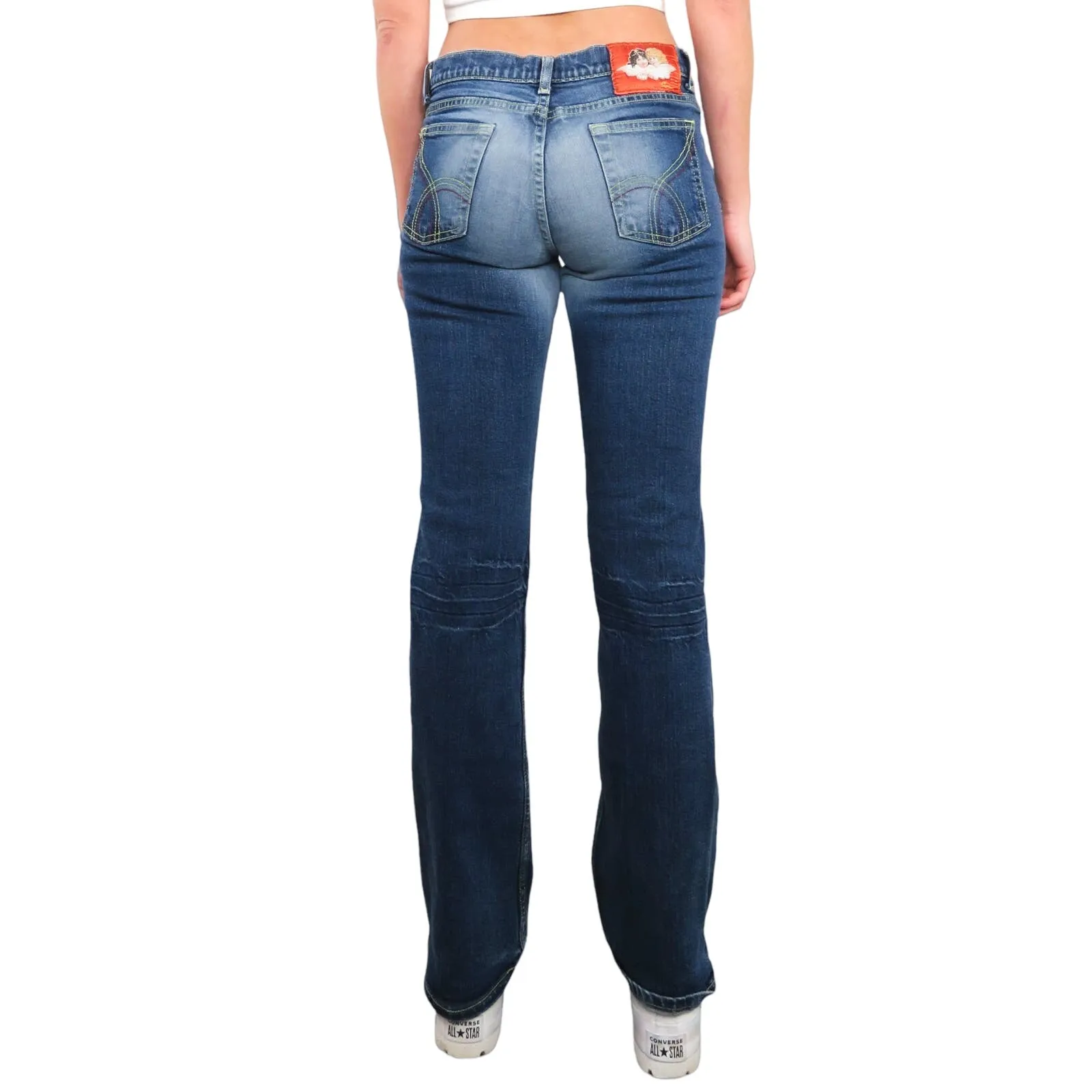 Y2k Vintage Fiorucci Angels Patch Low Rise Distressed Flared Jeans Size 11 29" - Image 3