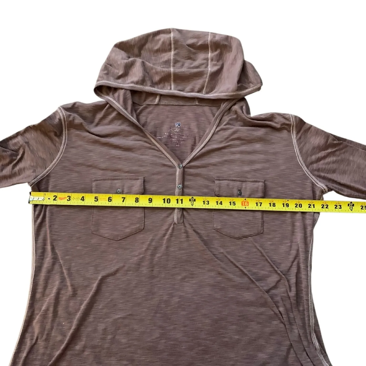 ​KÜHL Burgundy Brown Slub Knit Hooded Henley Top XL Gorpcore Granola Girl - Image 7