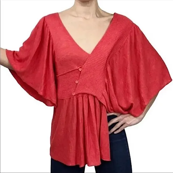 Anthropologie Moth Taupo Coral Red Asymmetrical Ruffle Kimono Cardigan Sweater - Image 7