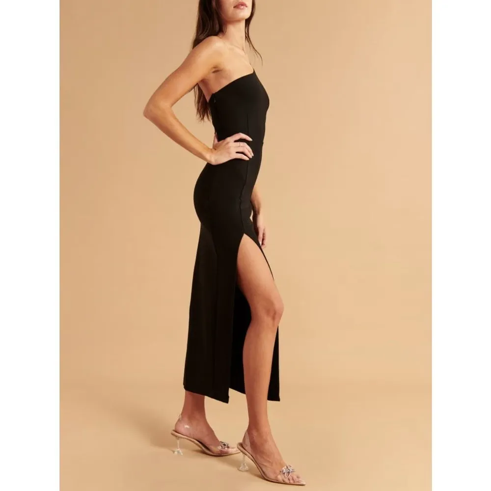 Abercrombie and Fitch Asymmetrical One Shoulder Maxi Dress with Slit in Black - Image 3