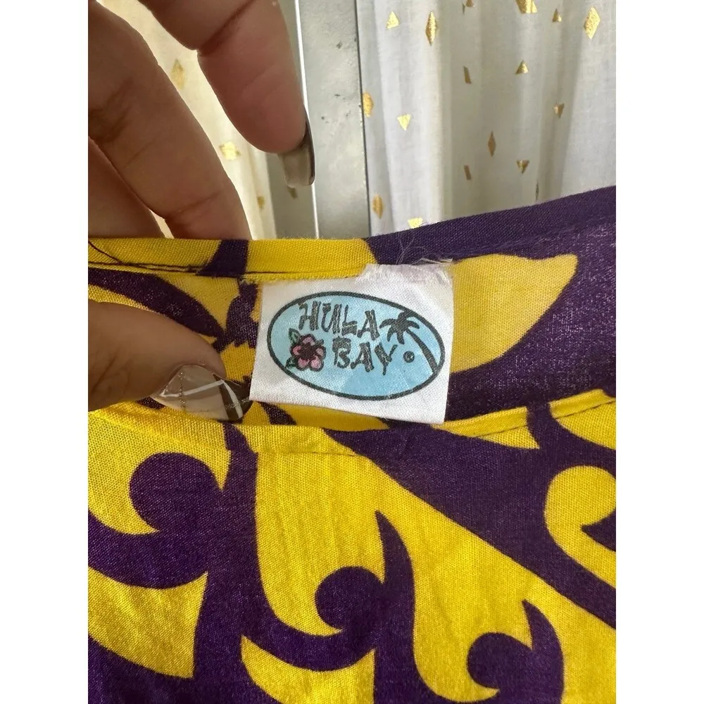 Hula Bay Purple Yellow Hawaiian Floral Tiare Waterfall Bell Sleeves Mini Dress M Size undefined - Image 5