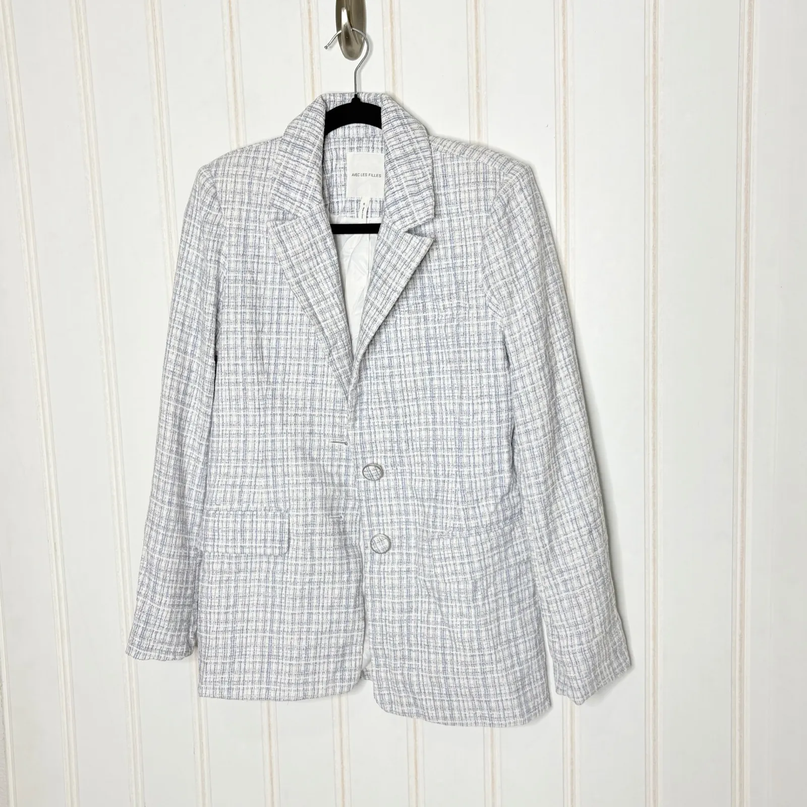 Avec Les Filles Tweed Blazer Jacket Womens Size S Blue White Plaid Button Front - Image 5