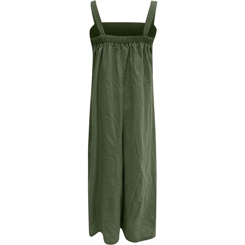 NEW Linen Soft Cotton Sleeveless Loose Jumpsuit Adjustable Straps M Army Green Size M - Image 5