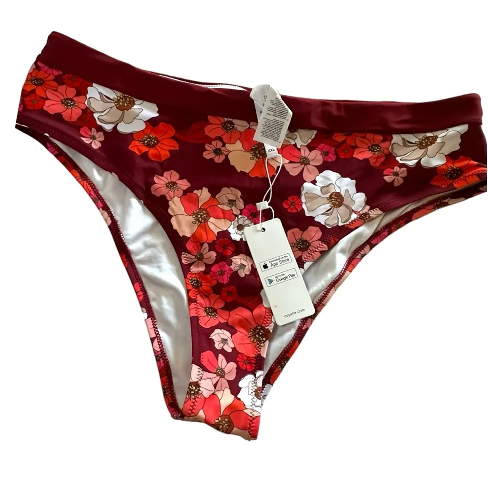 NWT Cupshe Paige Floral Mid Waisted Bikini Bottom burgundy white high cut sz xxl - Image 2