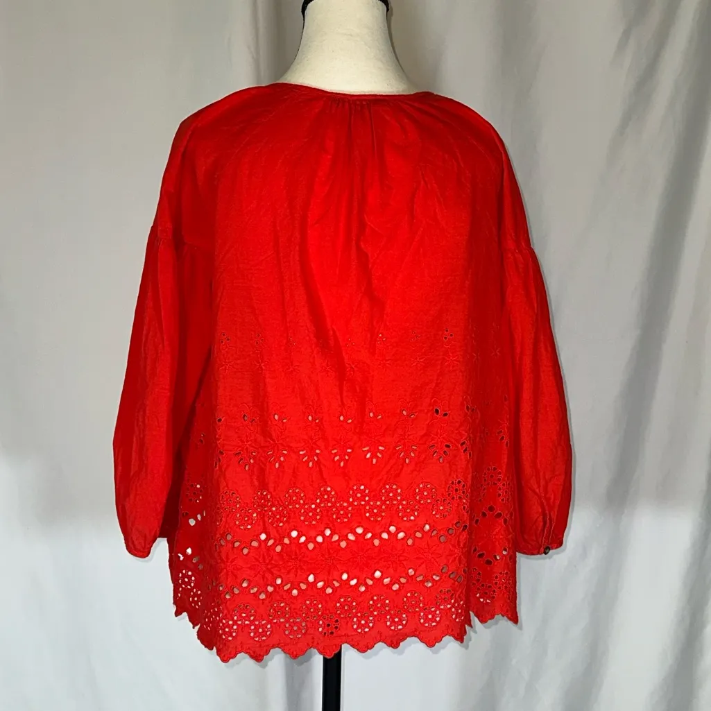 Madewell • Beautiful Bright Poppy Red Eyelet Lattice Scalloped Hem Blouse Size S - Image 3