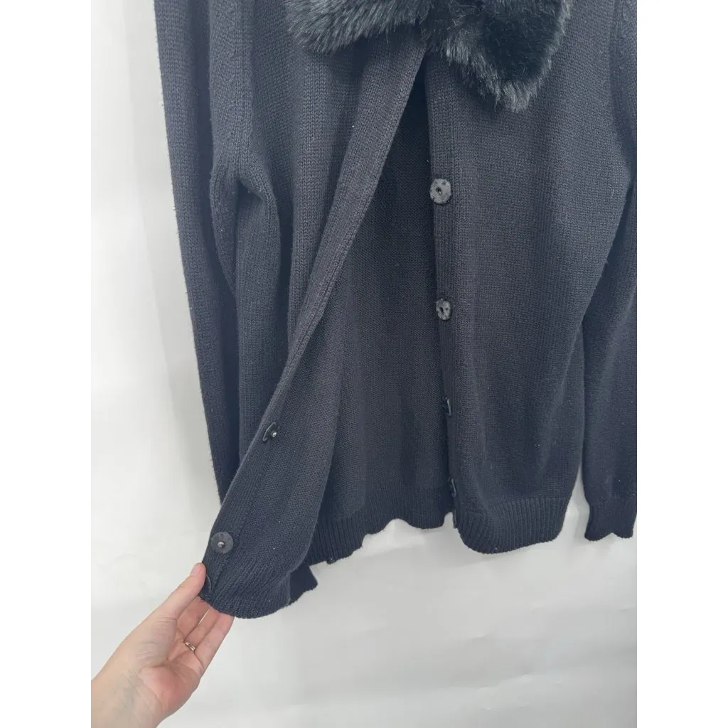 Black Saks Fifth Ave Faux Fur Trim Snap Up‎ Sweater Women XL Old Money - Image 5