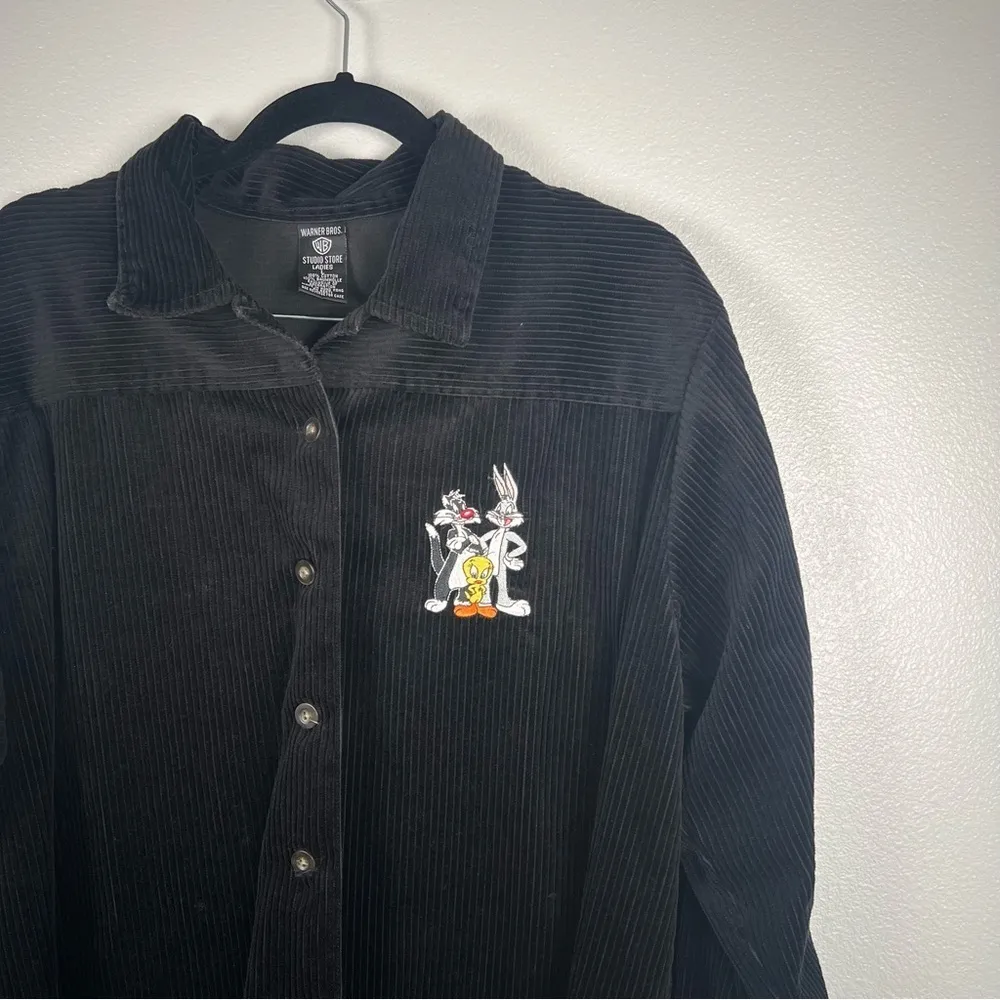 Warner Bros Vintage Corduroy Button Up Shirt‎ Bugs Bunny Embroidery Sz L Black Size L - Image 3
