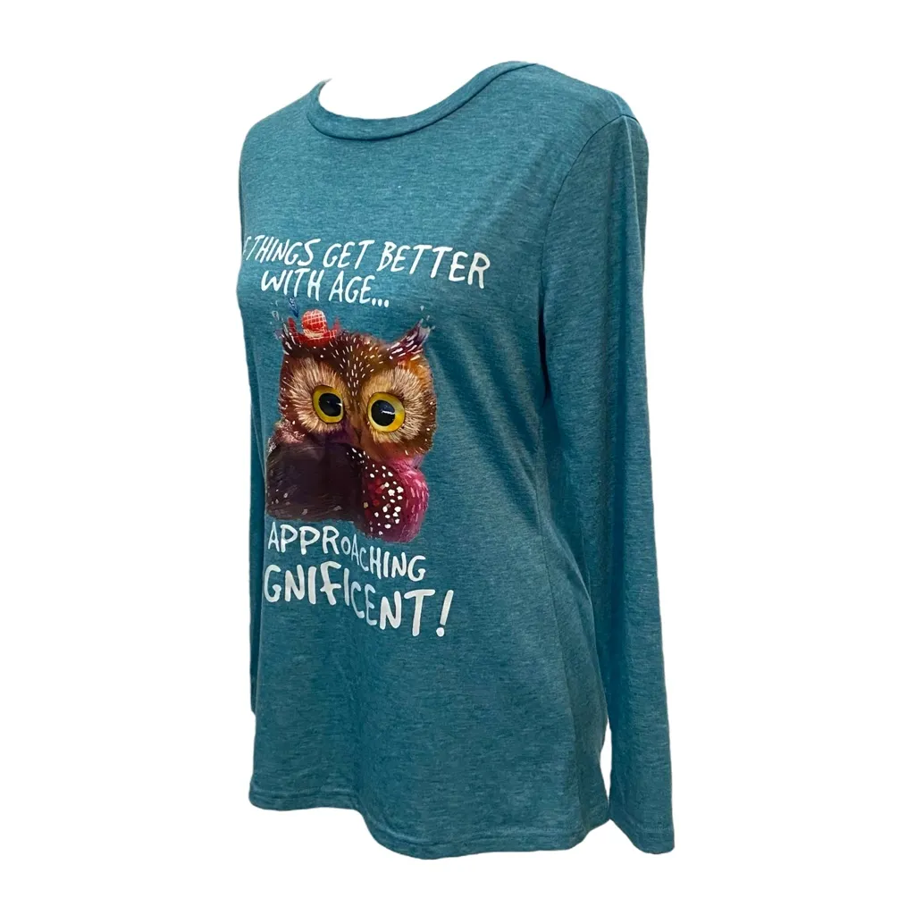 Beautiful Teal Long Sleeve Cute Graphic Owl Tee Size Small - Image 3