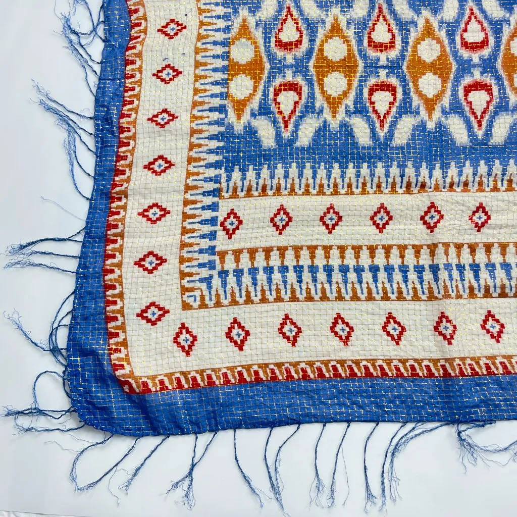 Fringe Scarf Square Southwestern Pattern Blue White Lightweight FLAWS Stripes - Image 6