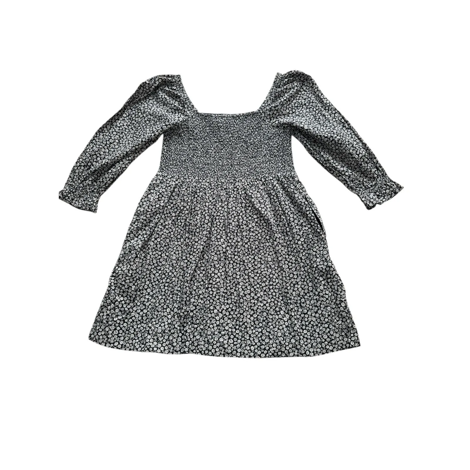 Madewell Lucie Elbow Dress Large Black White Floral Smocked Puff Sleeve - Image 8