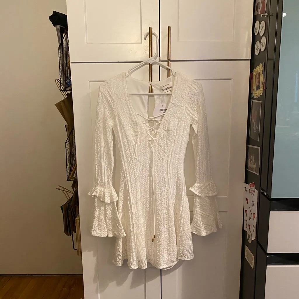 Selfie Leslie Abigale Lace-Up Bust Flared Cuff Lace Dress White Boho coquette - Image 5