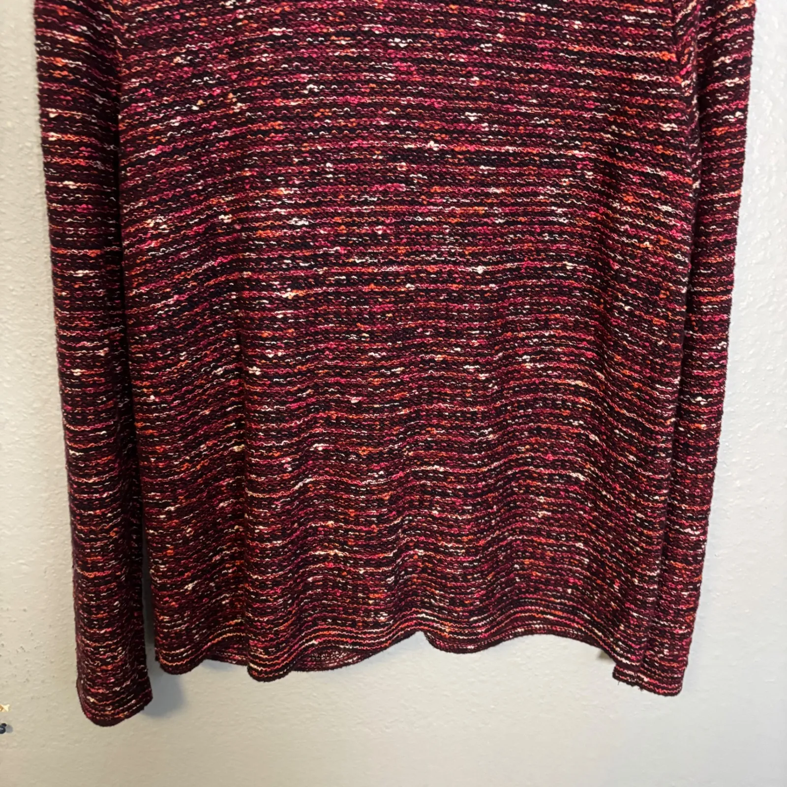 J.Jill‎ Womens Tweed Knit Cardigan Sweater Maroon Pink Fringe Trim Medium Preppy - Image 8