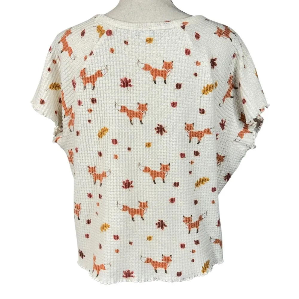 American Eagle X-Large Pajama Top Fox Print Waffle Knit Thermal Short Sleeve - Image 5