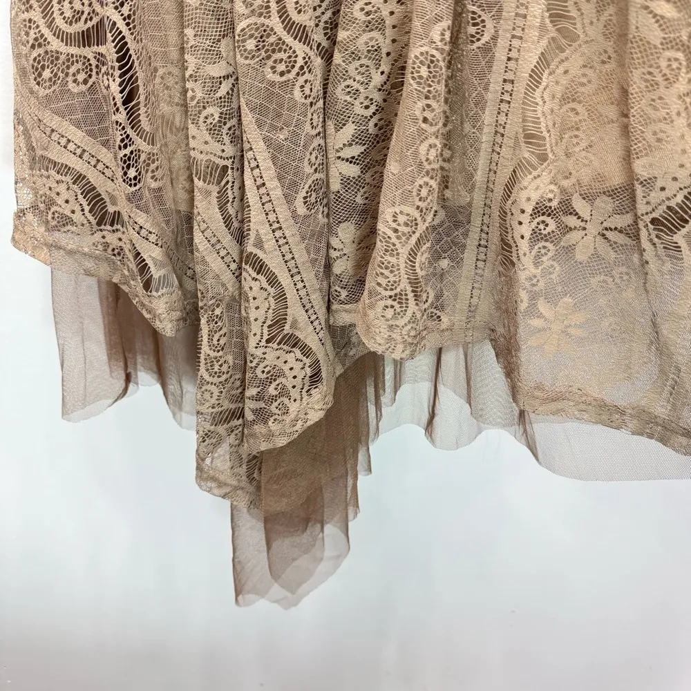 Ryu Cream & Taupe Knit Bodice Lace & Mesh Overlay Asymmetric Hem Fairy Dress - Image 6