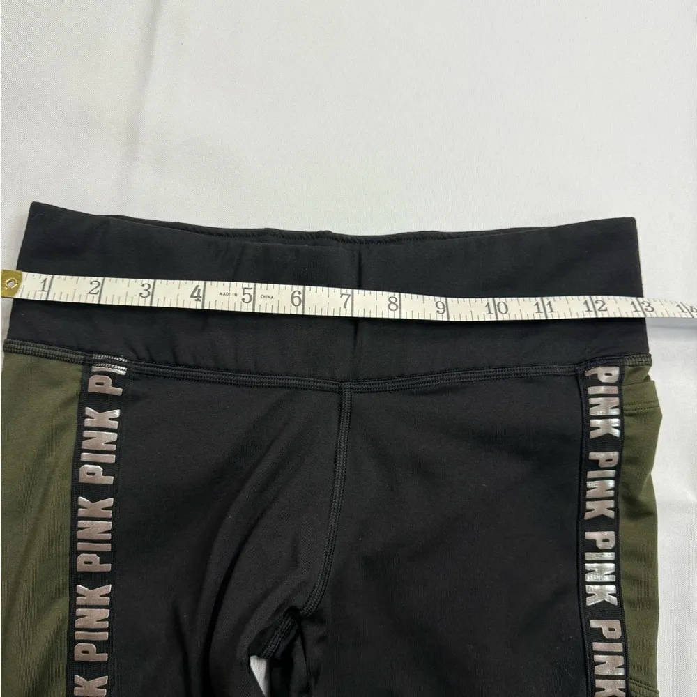 PINK Victoria's Secret Black and Green Leggings with Branded Stripe - Image 3