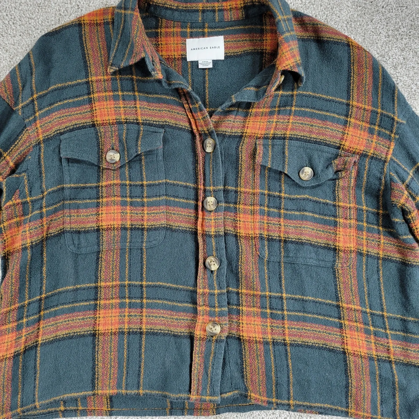 American Eagle Womens Top S Green Orange Tartan Plaid Cropped Boxy Fit Button Up - Image 5