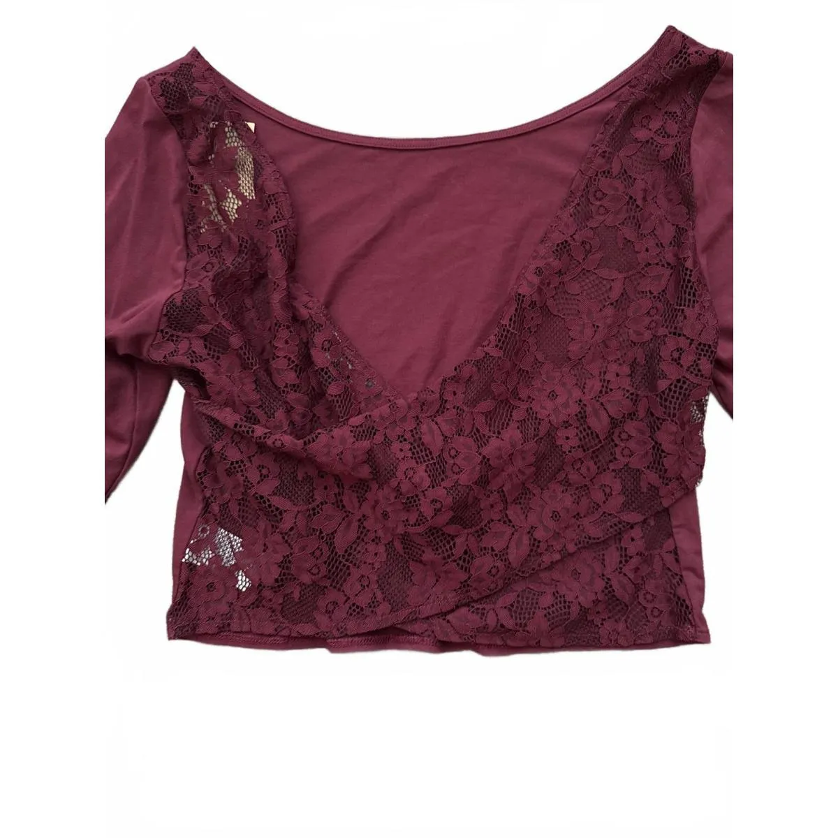 American Eagle Outfitters Women's Shirt Top Large Burgundy Maroon Lace Crop - Image 4