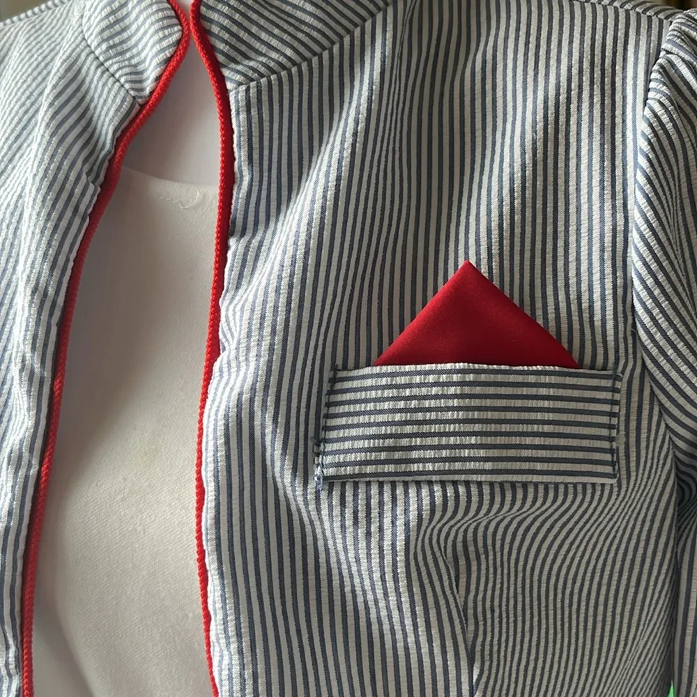 Vintage 80s Union Made Blue White Red Seersucker Dresss with Jacket Size 8 - Image 6