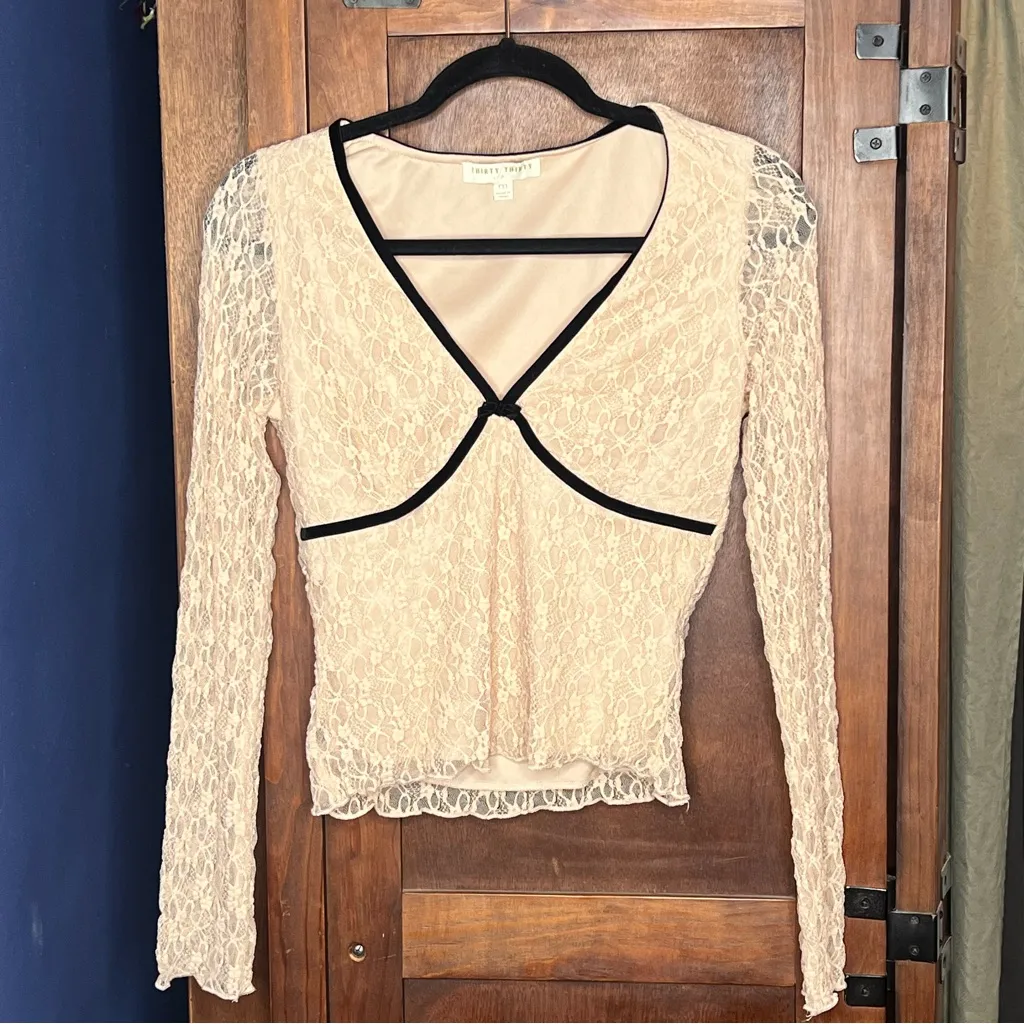 Thirty Thirty Y2K Cottagecore Lace Long Sleeve Top Ruched Bodice Fairycore M Black Size M - Image 3