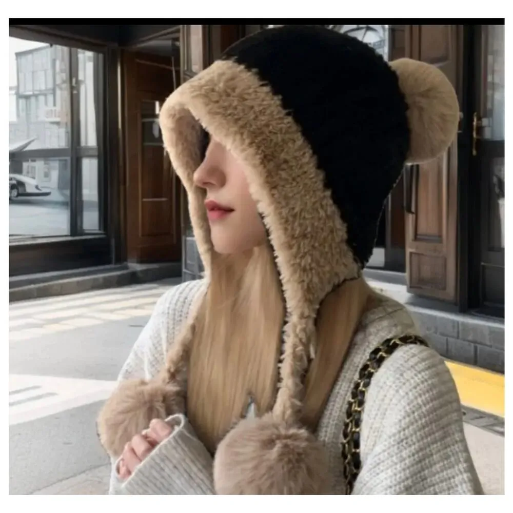 Cozy Colorblock Plush Knit Beanie Hat with Ear Flaps Tassel Brown/Beige Brown - Image 4
