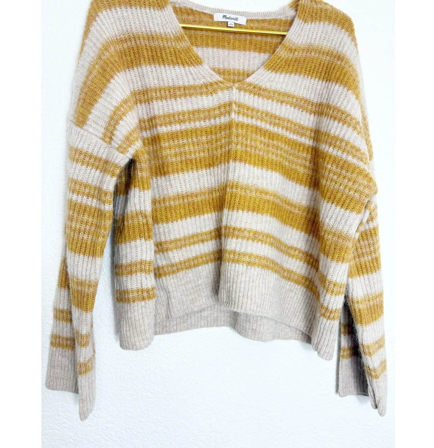 Madewell Space-Dyed Staley V-Neck Pullover Sweater Size Large Yellow Stripe - Image 10