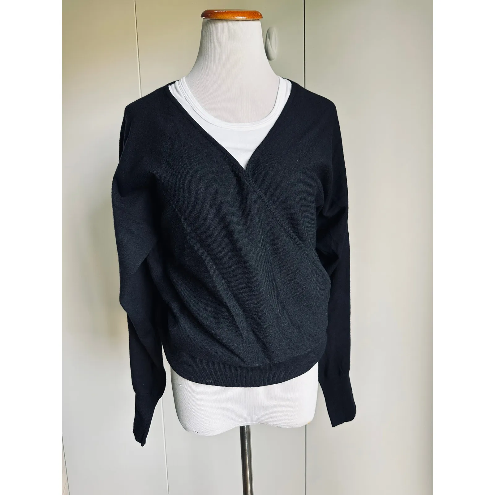 INC Knit Faux Wrap Sweater Black Size Medium Long Sleeve Classic NWOT - Image 2