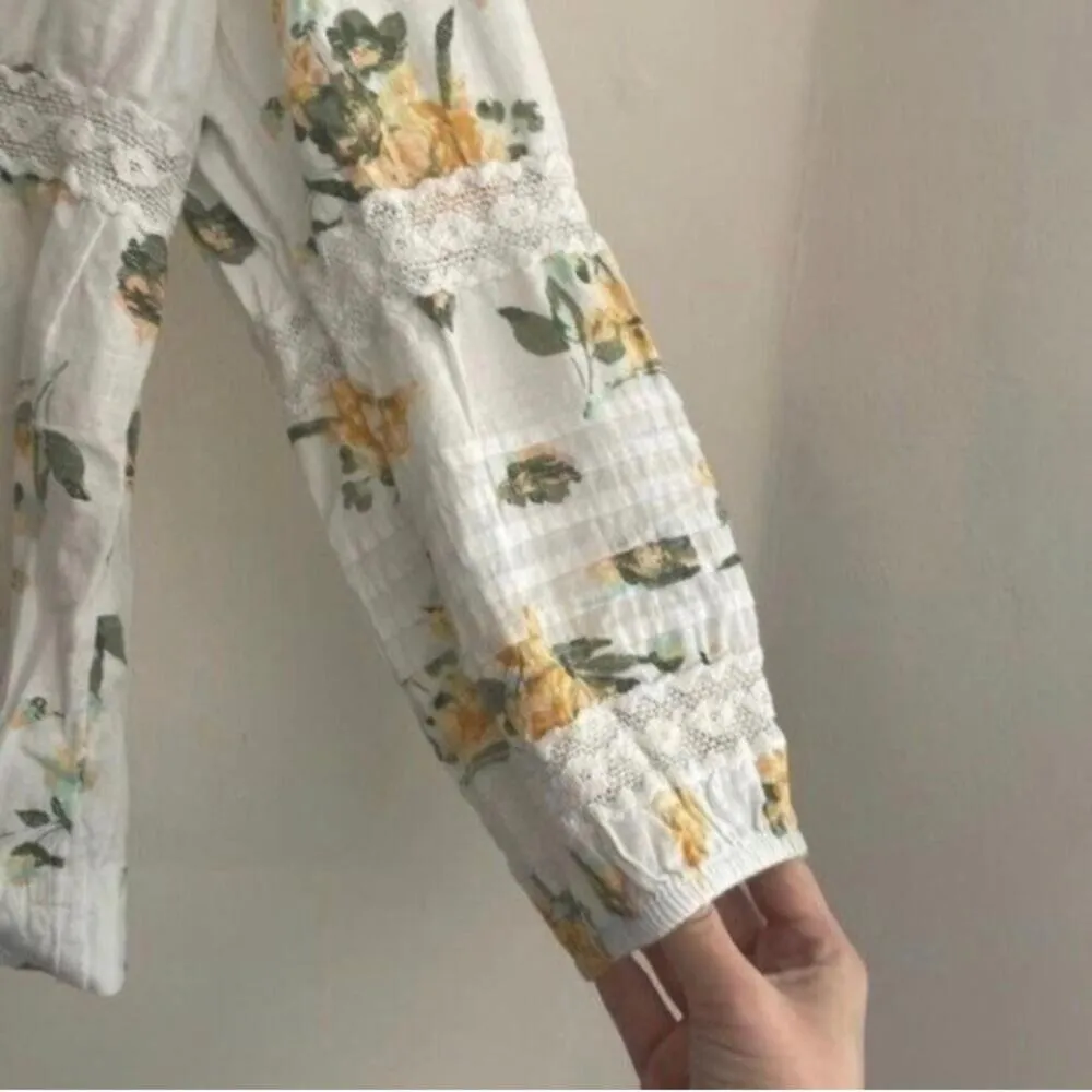 True Craft White and Yellow Floral Print Lace Trim Blouse Shirt - Image 6