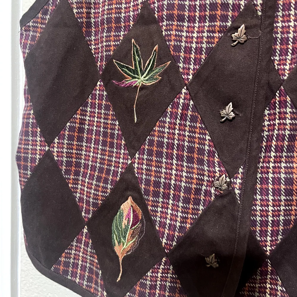 Vintage Bechamel Fall Vest Womens SZ M Embroidered Leaves Brown Argyle Size M - Image 4