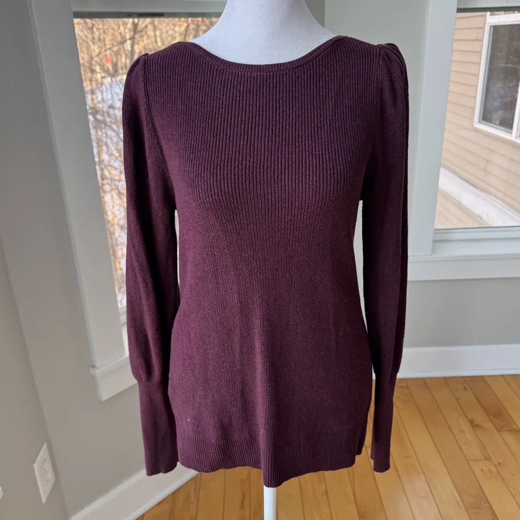 LOFT Burgundy Wine Dark Red Ribbed Cotton Crewneck Sweater Size Small - Image 3