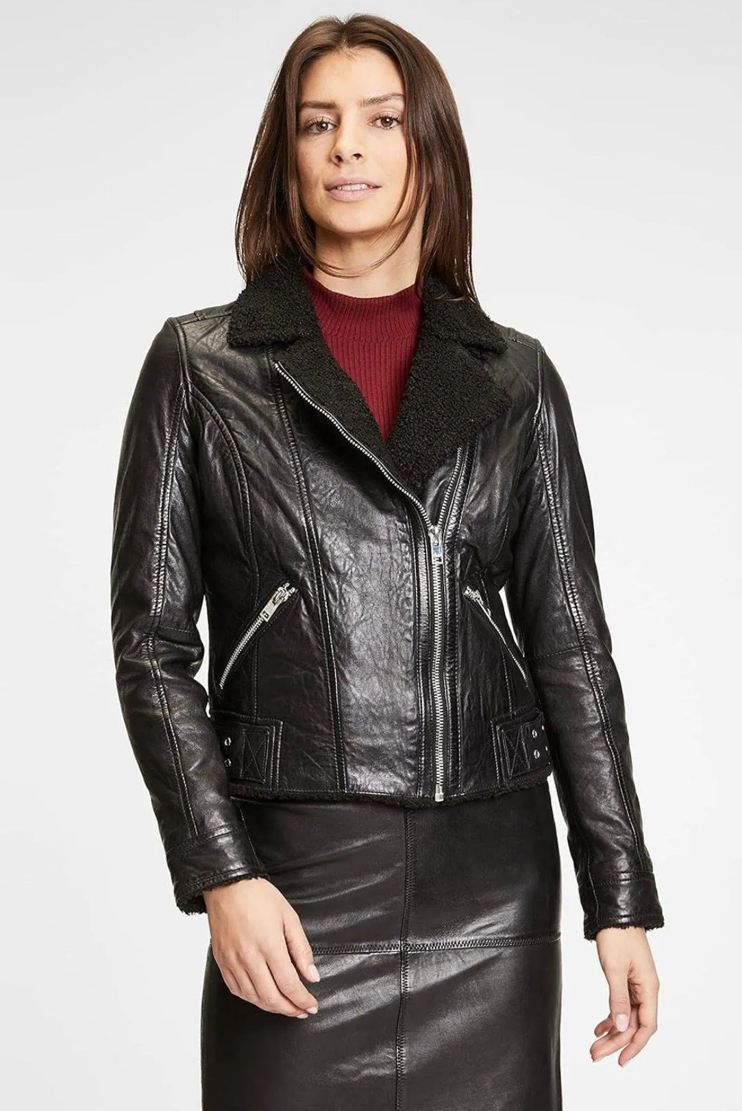 Gila lamb leather faux sherpa lined motorcycle jacket size US 6 small - Image 15