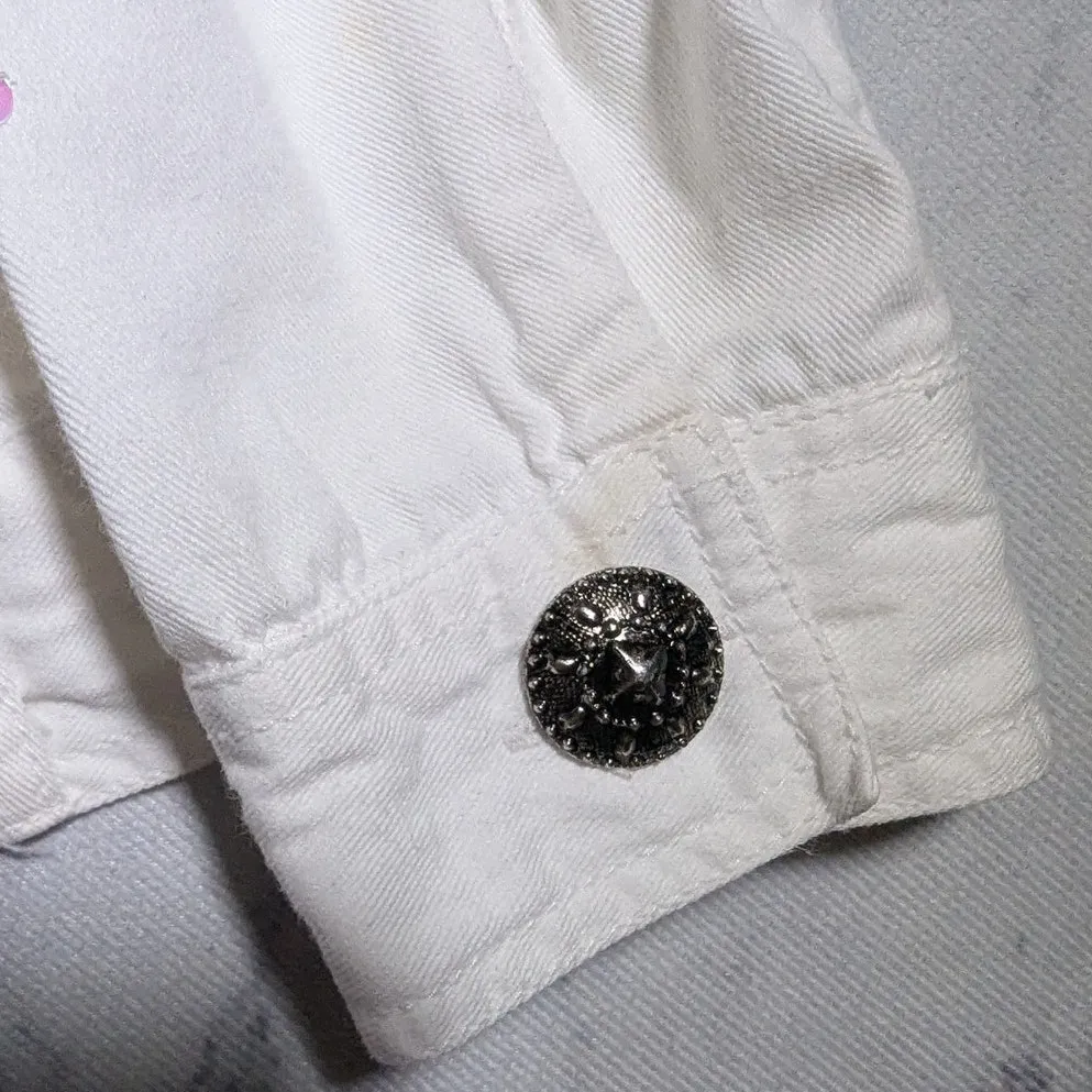 Vtg Y2K Alex Ku White Cotton Orange Floral Applique Sequin Denim Jacket P L Size undefined - Image 4