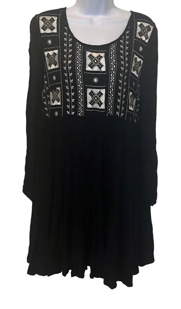 Staring at Stars Black White Embroidered Babydoll Dress Medium Boho Whimsygoth - Image 1