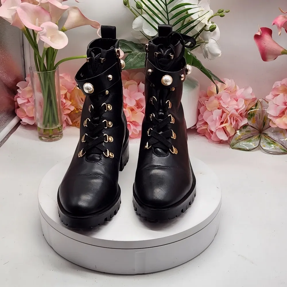 Karl Lagerfeld Lace-up Combat Boots Gold & Pearl Studded Sz 9.5M - Image 12