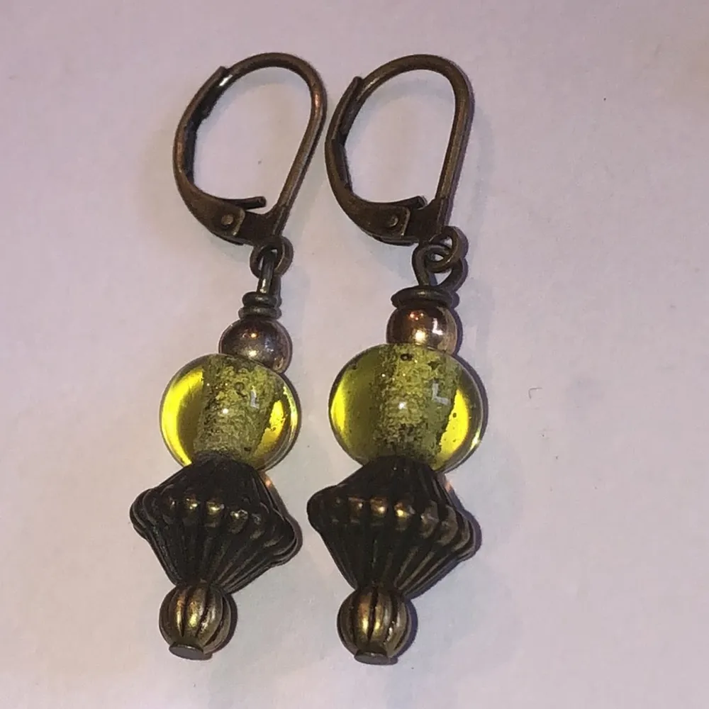Vintage Style Light Green and Bronze Earrings Yellow - Image 2