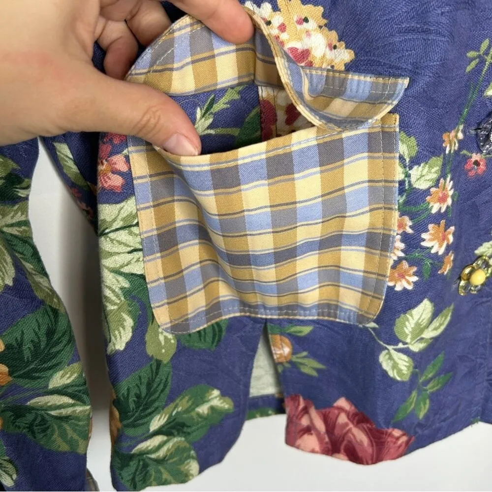 Vintage Jacket Womens Size Small Cottage Granny Floral Plaid Country Chic Artsy Blue - Image 4