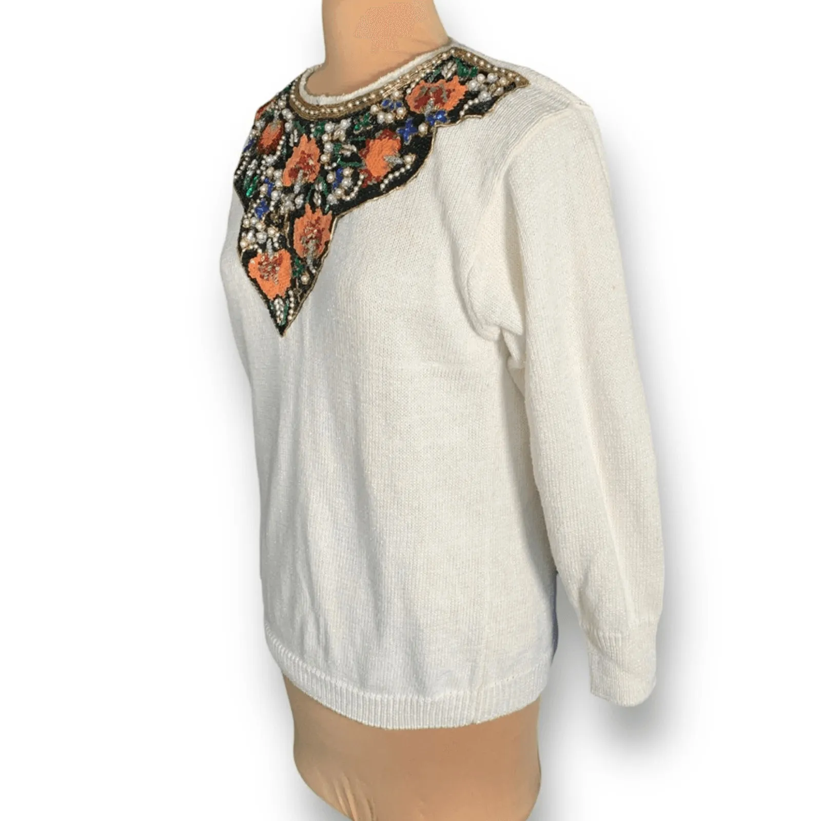 Vintage 80s Cream Sweater Beaded Sequin Floral Statement Holiday Party Knit Black Size L - Image 5