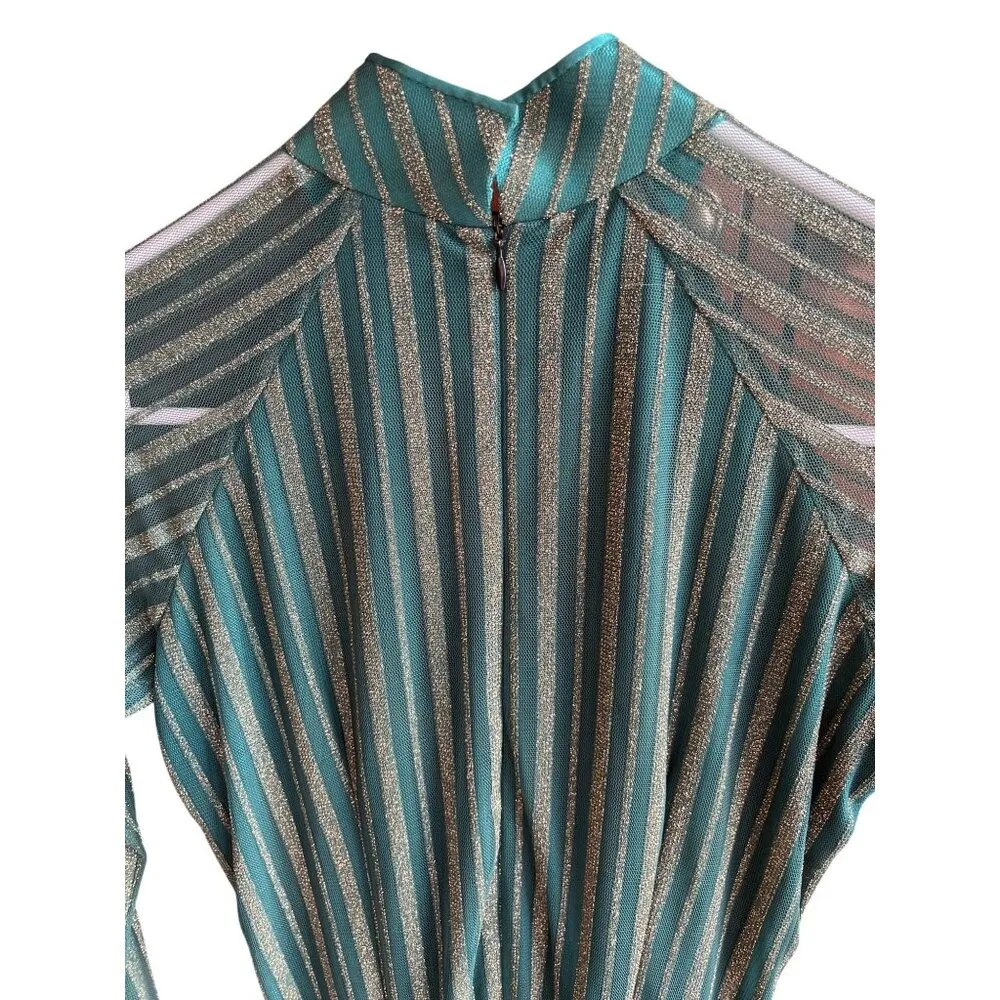 Green & Gold Striped Floral Embellished Long Sleeve Dress M 46d Size M - Image 5