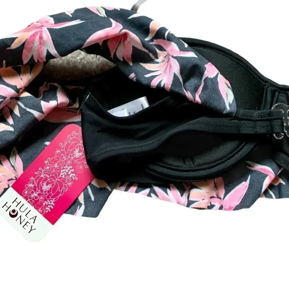 Hula Honey Paradise Flounce Floral Swim Top Black Pink Tropical - Image 6
