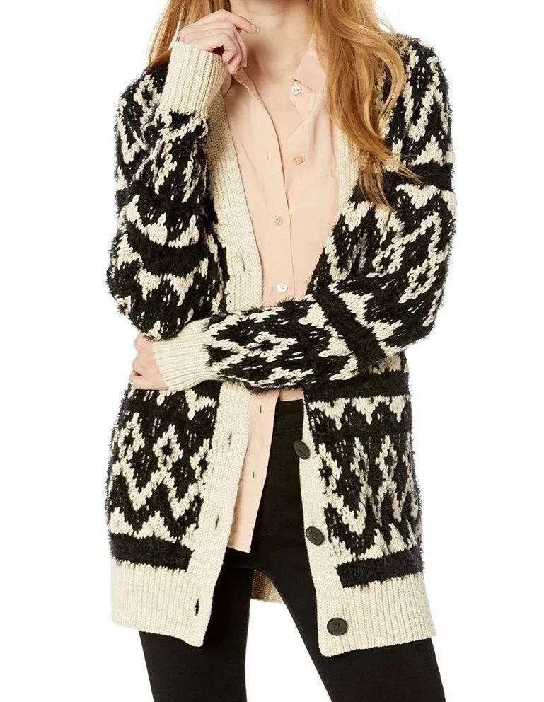 Lucky Brand Diamond Fair Isle Long Boho Cardigan Black & Cream Womens Size Small - Image 5
