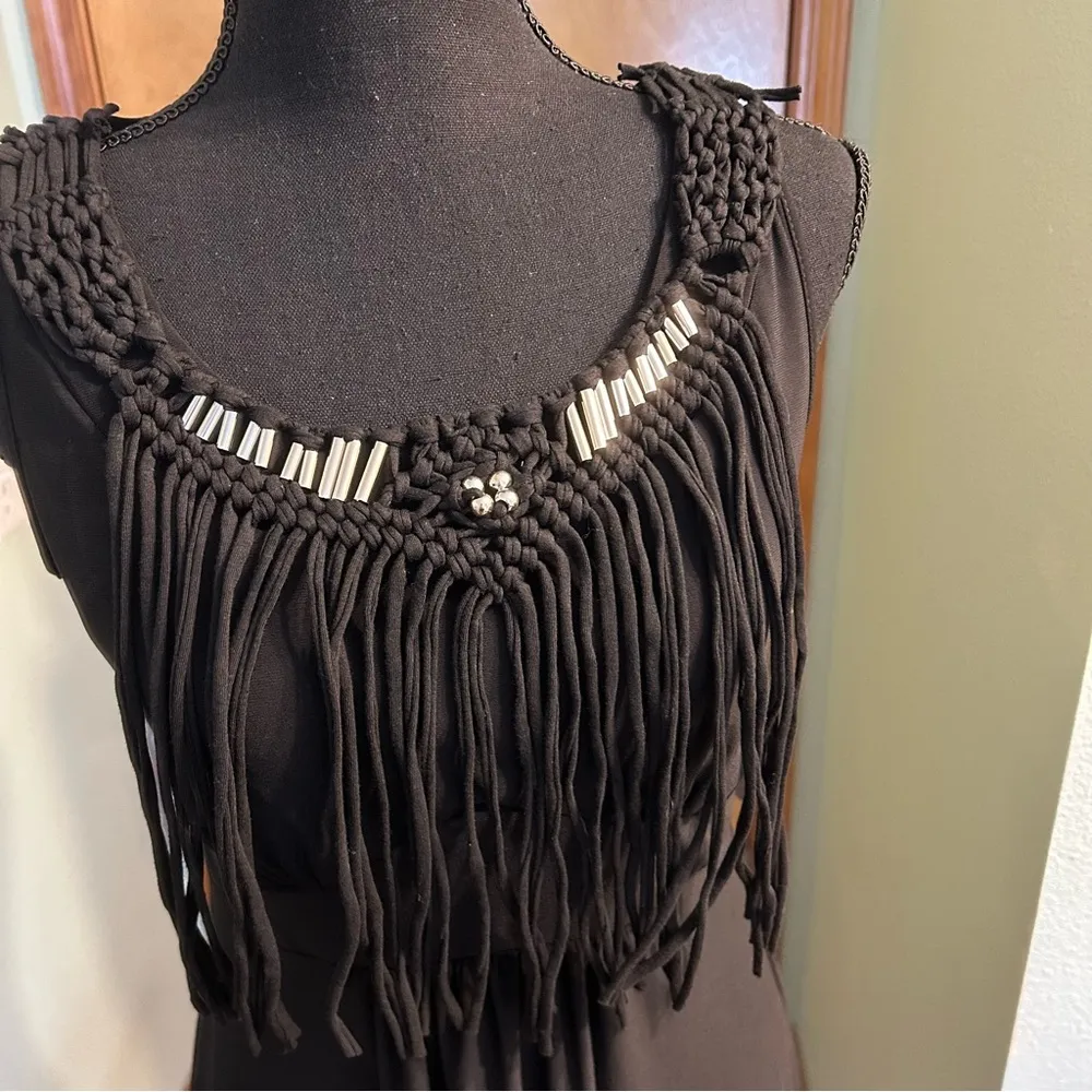 NY Collection black sleeveless maxi dress size XS beaded and fringed western - Image 5