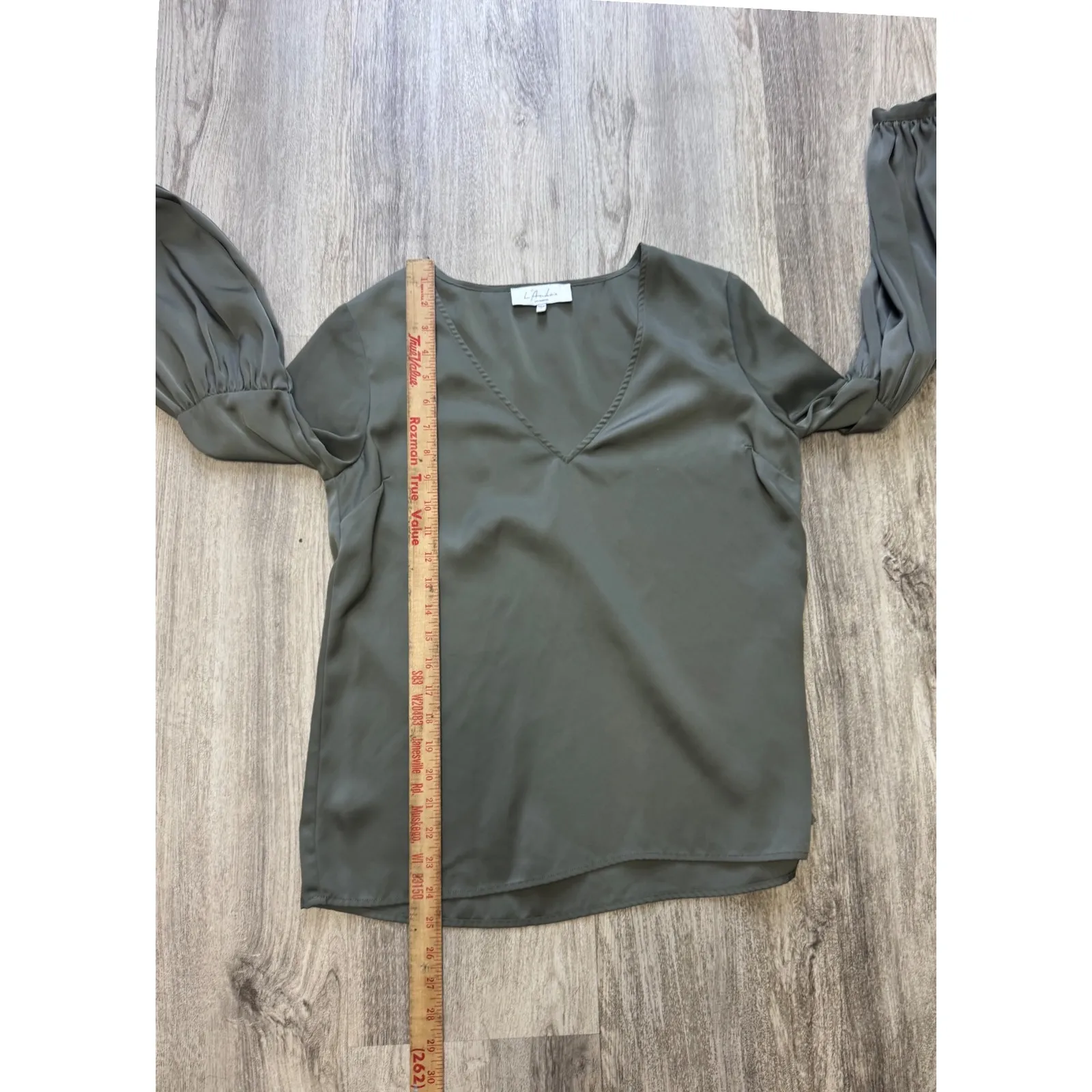 L'Academie Maya Blouse Olive Green V-Neck‎ Long Sleeve Balloon Size Small - Image 7