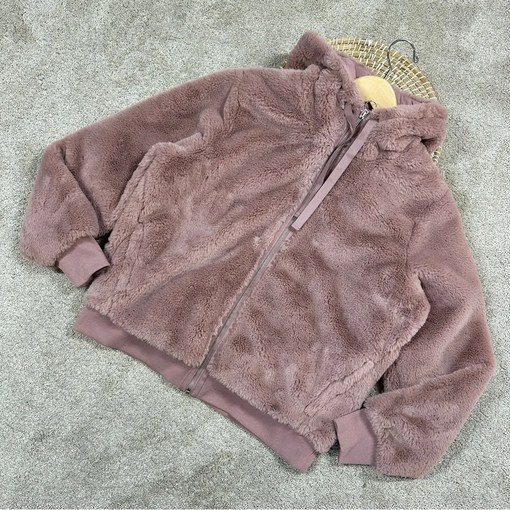Athleta Ritual Jacket Winter Coat Hooded Full Zip Longsleeve Mauve Faux Fur M - Image 3