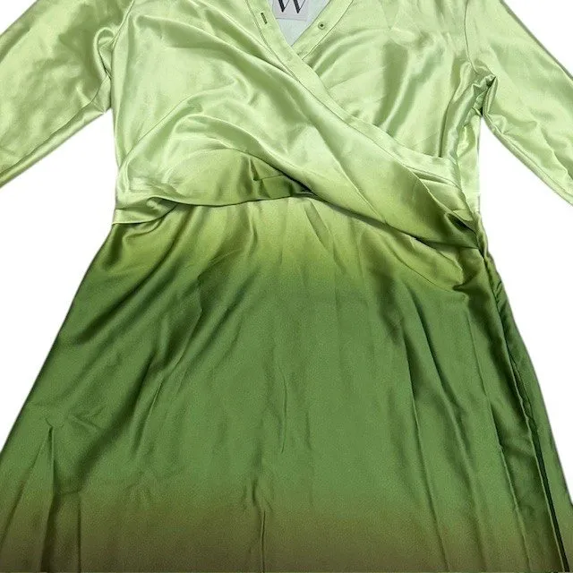 NWT Worthington Satin Ombre Wrap Dress Midi Green Long Sleeve Career Party Sz Lg - Image 10